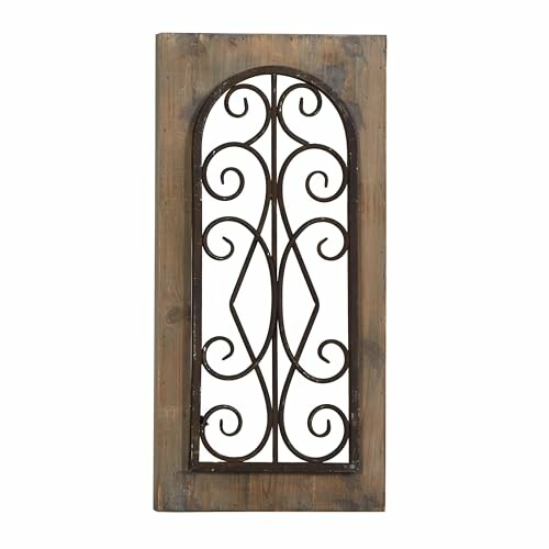 Wooden arched wall decor with intricate metal design